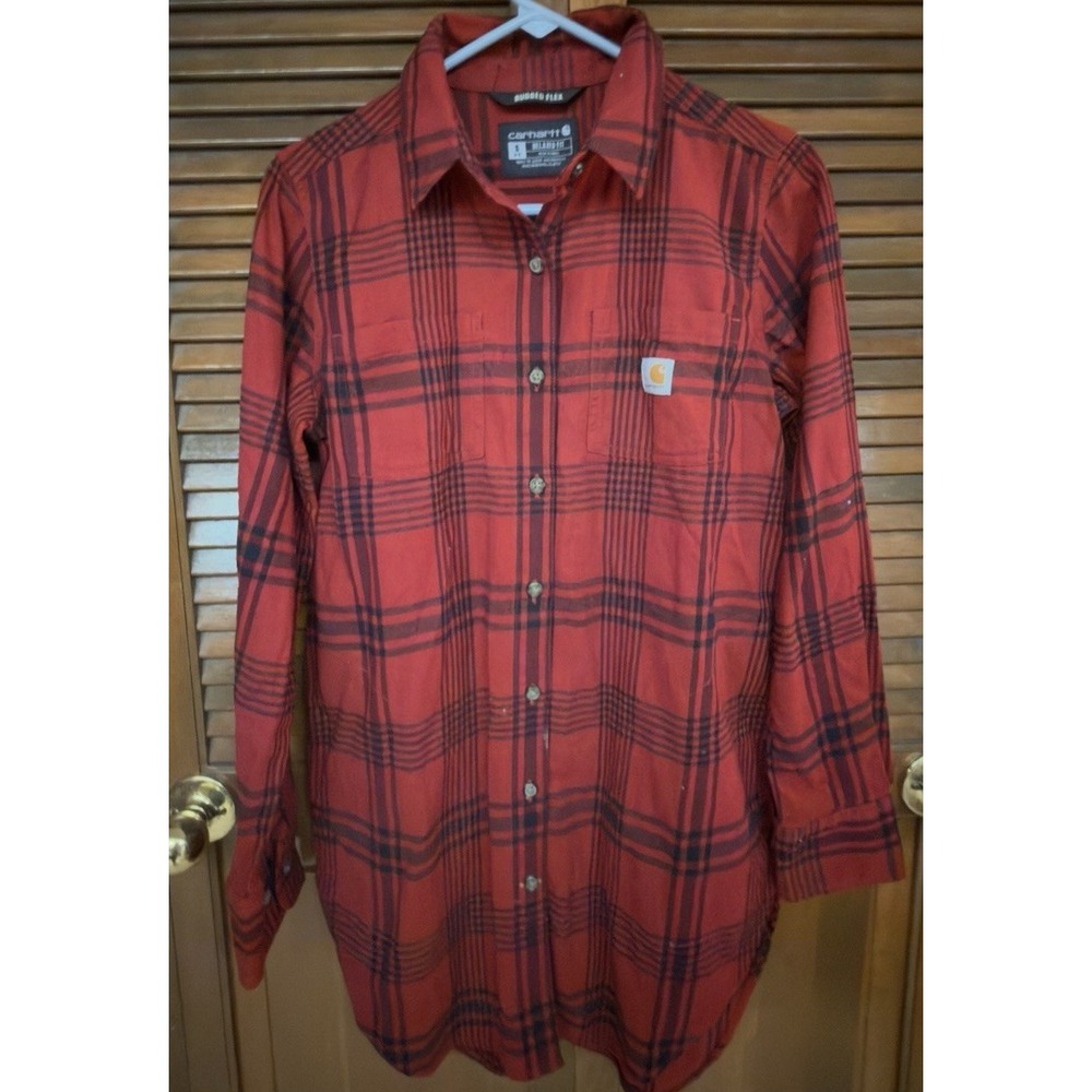 Carhartt Womens S 4-6 Rugged Flex Red Black Plaid Flannel Button Up Shirt